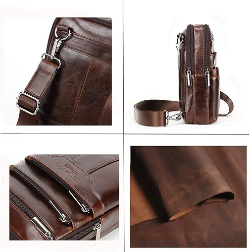 Miniatura 7 de Bolso bandolera vintage de piel de vaca para hombre, Marrón oscuro