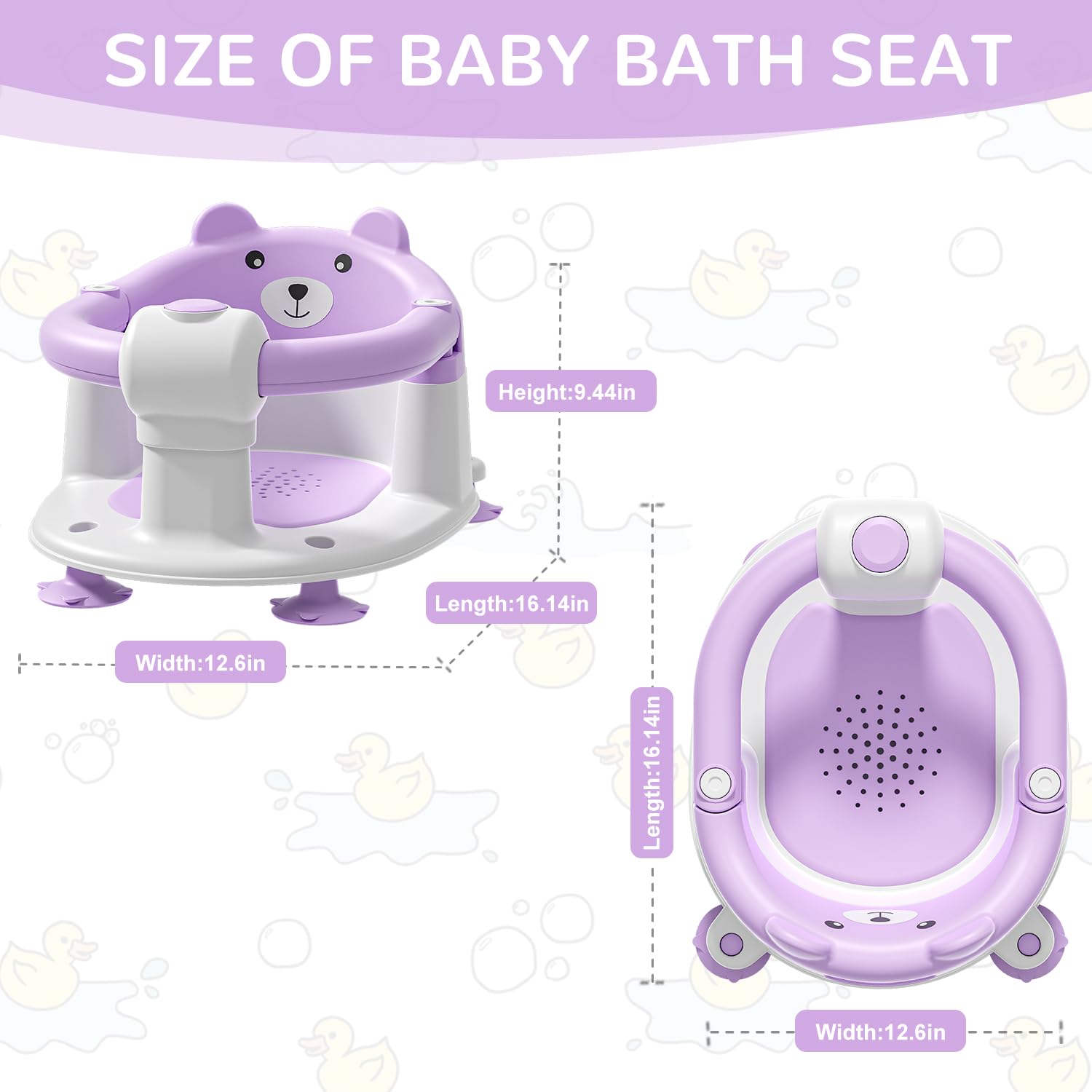 Badewannensitz Baby ab 6 Monate, Bär Rutschfester Badesitz Baby mit 4 Saugnäpfen und Kissen für Kleinkinder und Neugeborene, Sicherer Tragbarer Badstuhl für Dusche oder Badewanne, Lila