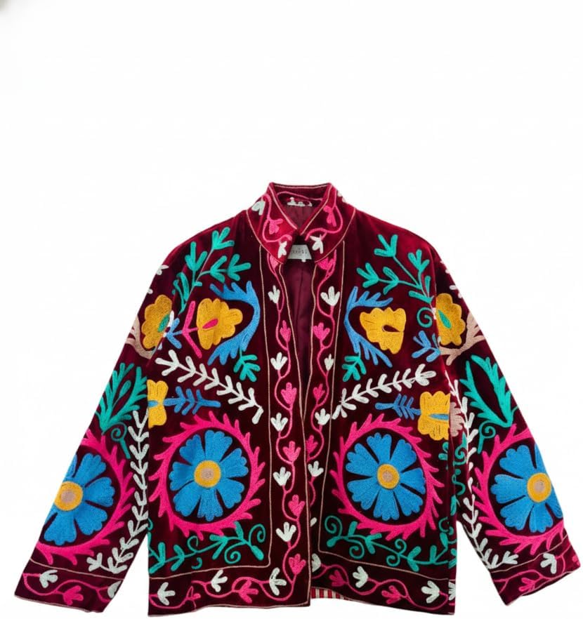 Embroidered Velvet Jacket, Burgundy Red, Floral Design, Long Sleeve, Traditional Ethnic Style