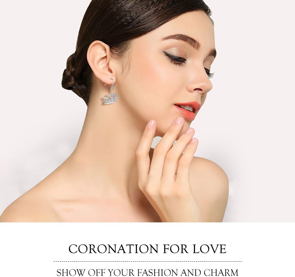 Sterling Silver Round Cubic Zirconia Crown Dangle Earrings for Women Queen Jewelry Mothers Day Gifts for Mom Valentines Christmas Birthday Jewelry Gifts for Wife Girlfriend