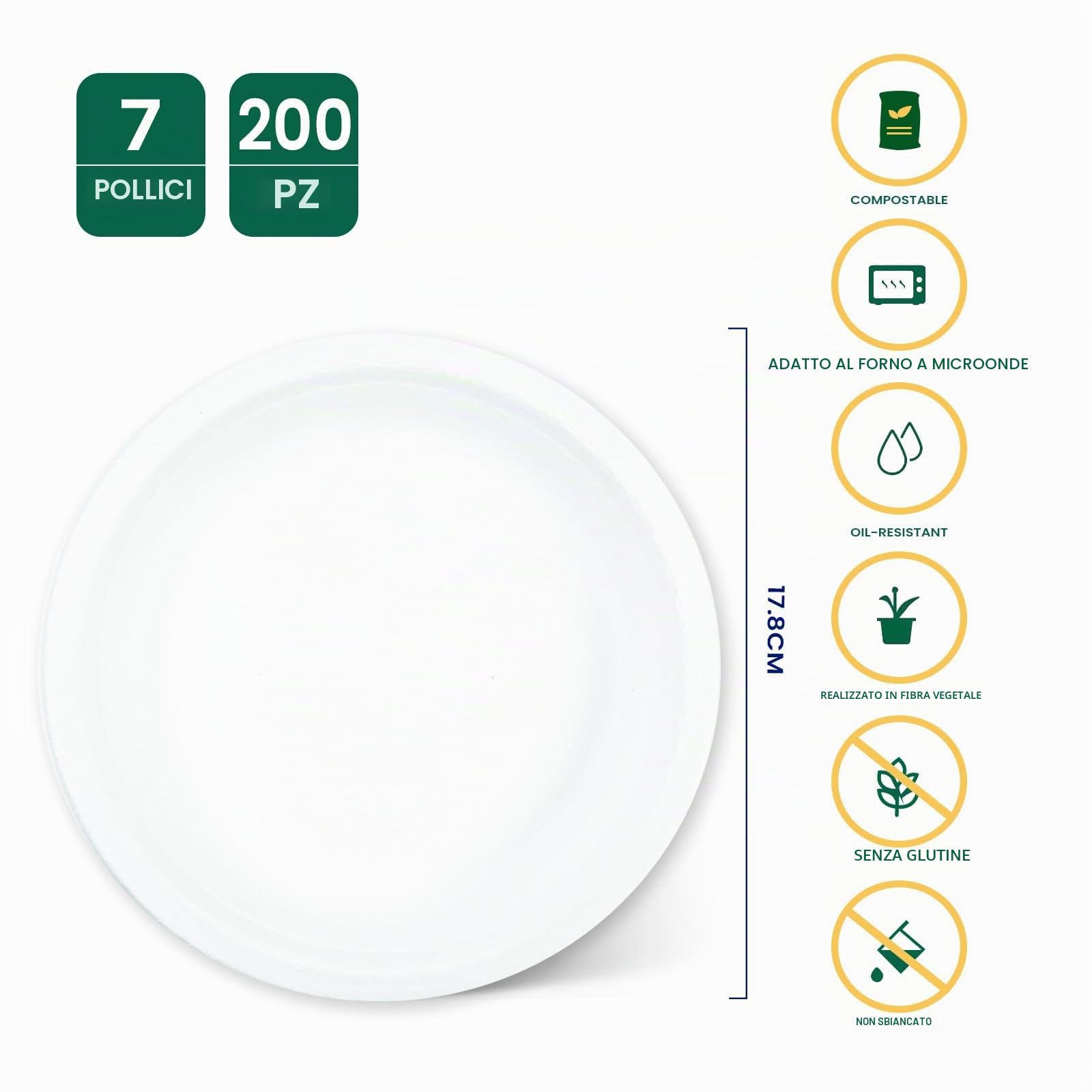 200 piatti di carta, 17,8 cm, biodegradabili e compostabili, ecologici, resistenti, riciclabili, perfetti per picnic, grigliate