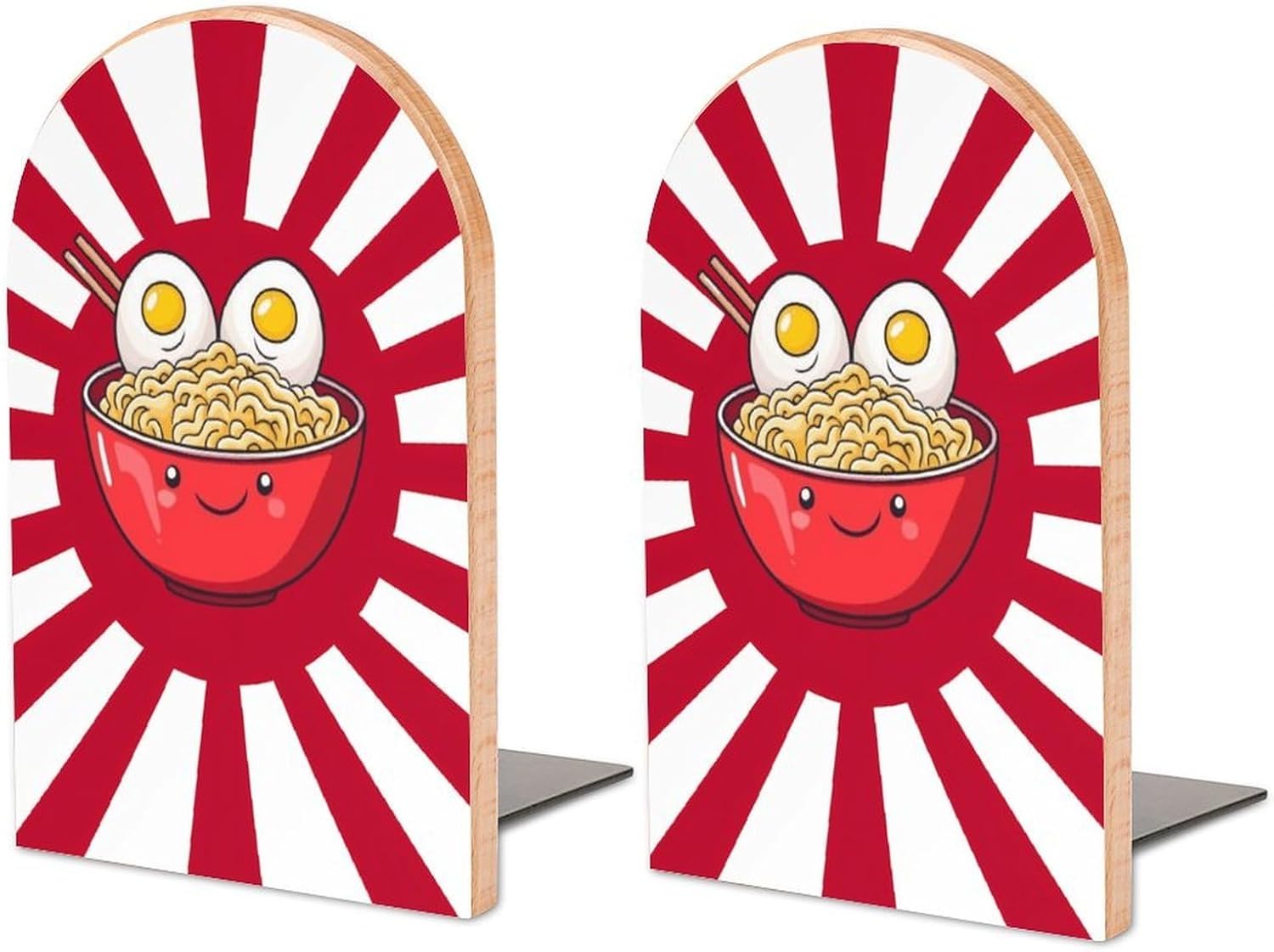 Japanese Ramen Noodles Flag Cute Wood Book Ends Decorative Bookends 1 Pair Non-Skid for Shelves Home Office 7 X 5 Inch