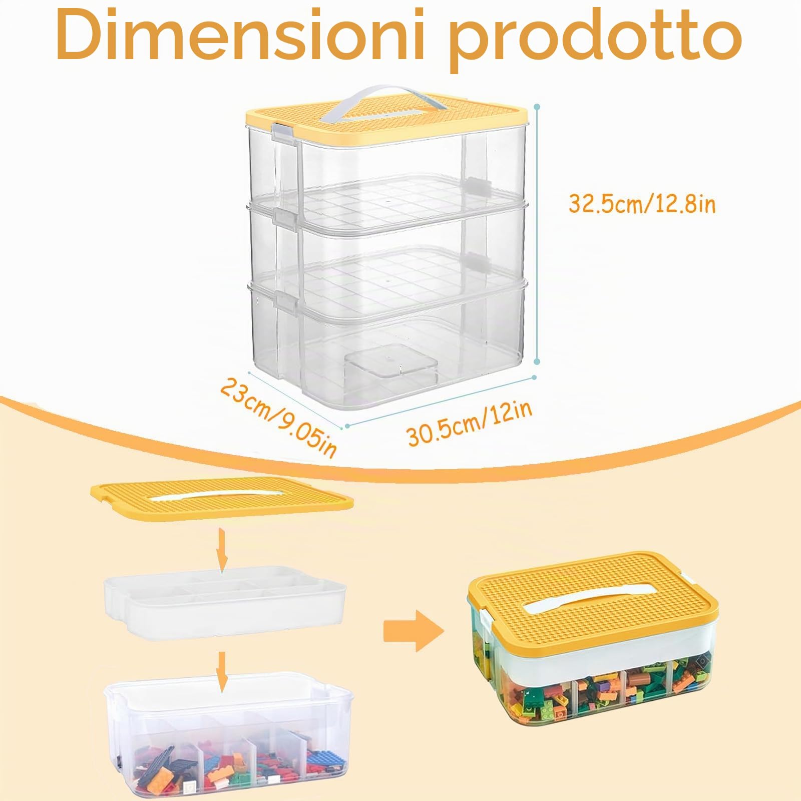 Contenitore per Giocattoli, Scatola di Immagazzinamento di Blocchi da Costruzione per Bambini con Coperchio, 3 Strati Scatole Plastica Impilabili Trasparenti con Scomparti per Riporre (Giallo)