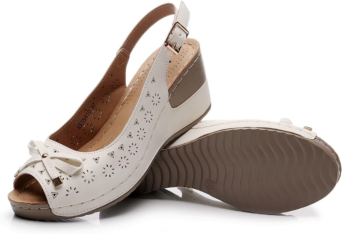 Altxic Women's Peep Toe Bow Hollow Out Slingback Platform Wedge Sandals Perforated White 9 US - Image 9
