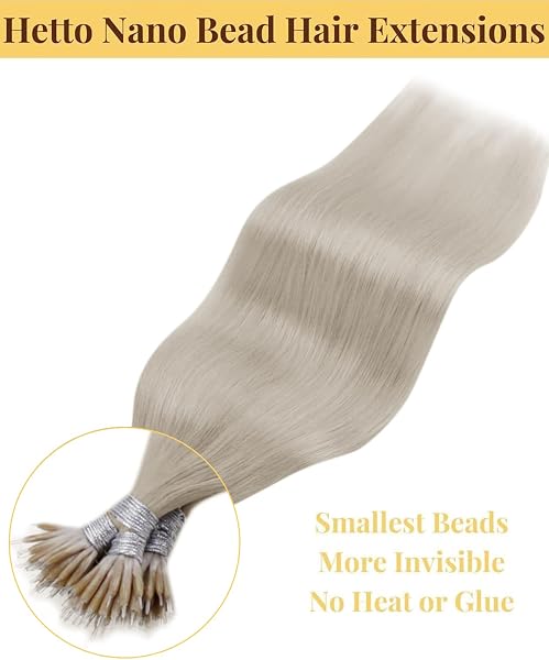 Hetto Nano Hair Extensions Real Human Hair Blonde - Invisible Nano Rings Hair Extension, Platinum Blonde Nano Beads Remy Hair Straight Fashion Styling for Party 50 strands 50 g 14 Inch #60 - 4