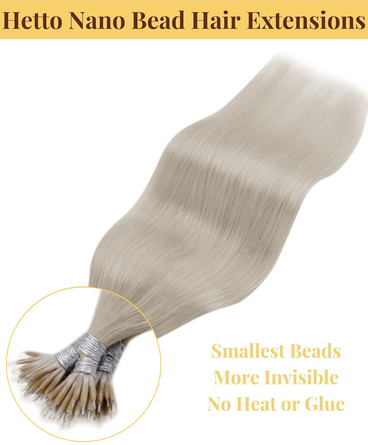 Hetto Nano Hair Extensions Real Human Hair Blonde - Invisible Nano Rings Hair Extension, Platinum Blonde Nano Beads Remy Hair Straight Fashion Styling for Party 50 strands 50 g 14 Inch #60 - 4