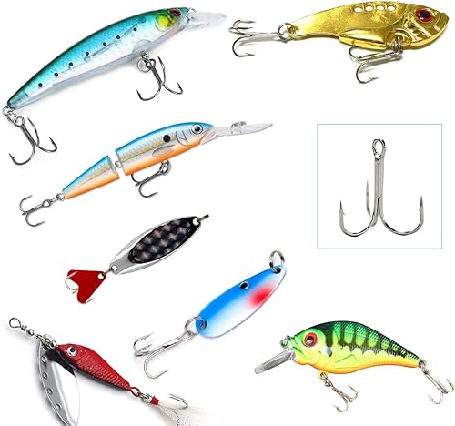 Vista 5 de Fishing Treble Hooks Assortment, Sharp Brabed Triple Fishing Hooks Set High Carbon Steel Round Bend for Trout Catfish Lures Freshwater Saltwater