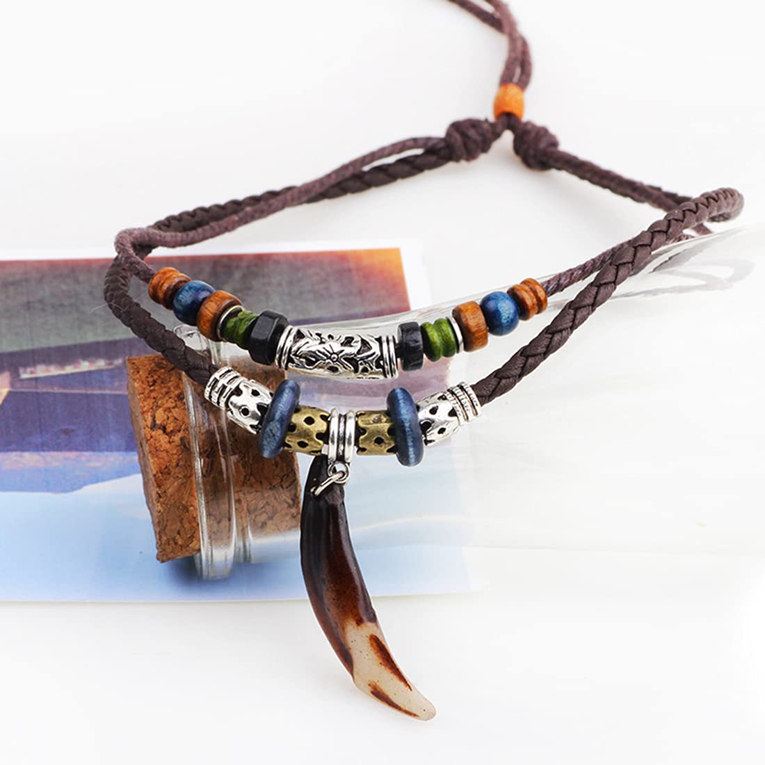 Mens Leather Necklace & Bracelet Set - Tribal Wolf Tooth, Cross, Circle Pendants With Wood Bead Bracelets - View #12