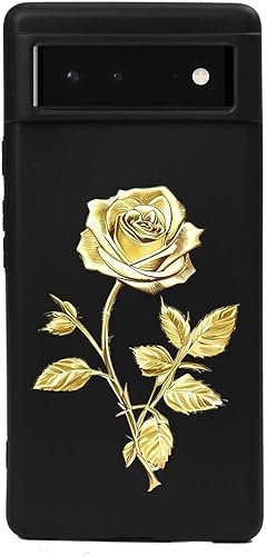Compatible con Google Pixel 6A (2021) Funda de rosa, diseño floral de rosa dorada para Google Case hombres y mujeres, elegante funda de silicona