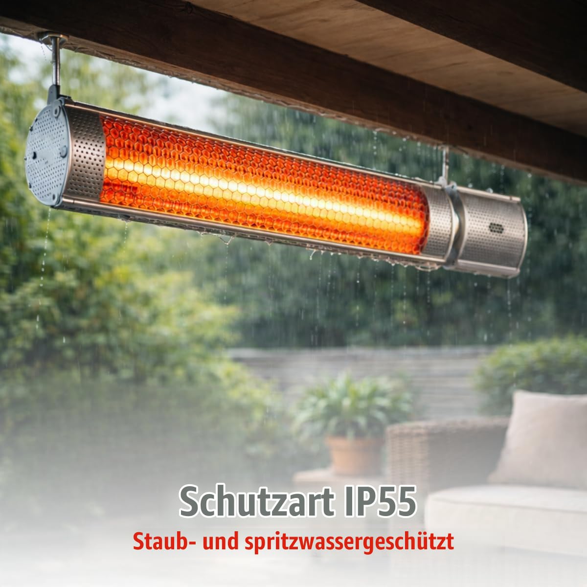alpina Infrarotheizung 2000W – Heizstrahler Terrasse Wandmontage für Innen- und Außenbereich – Elektrischer Infrarot Heizstrahler hängend mit Fernbedienung – IP55 - 67,5 x 10,5 x 7 cm