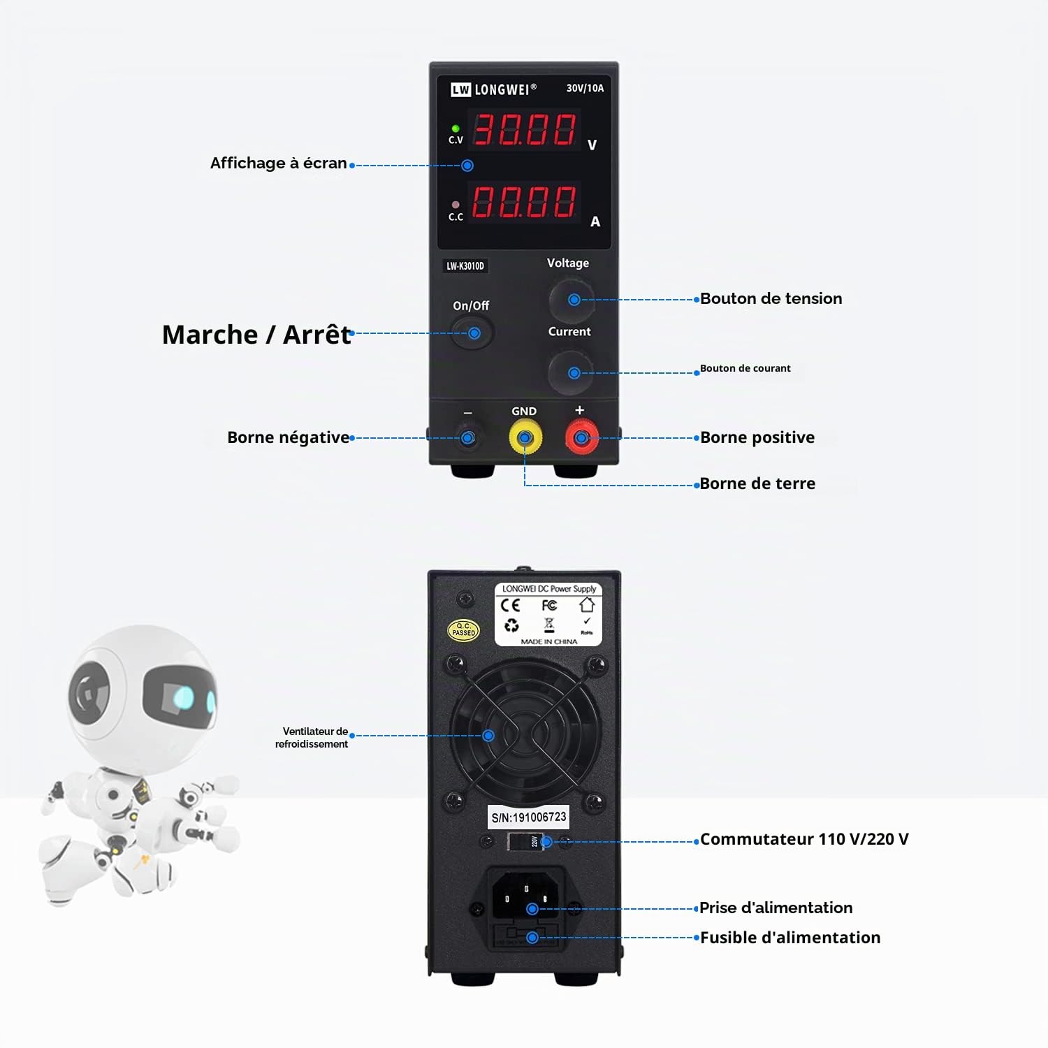 LONGWEI Alimentation Laboratoire 30V 10A，Alimentation Variable， Alimentation de Laboratoire ，Appliqué à l'enseignement，Laboratoire， DIY，electrolyseur，avec Pince Crocodile, Cordon de Test