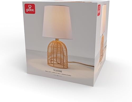 Miniatura 9 de Globe Electric 61000047 Lámpara de mesa de 14 pulgadas, base de ratán, pantalla de lino blanco, interruptor giratorio de encendidoapagado en el