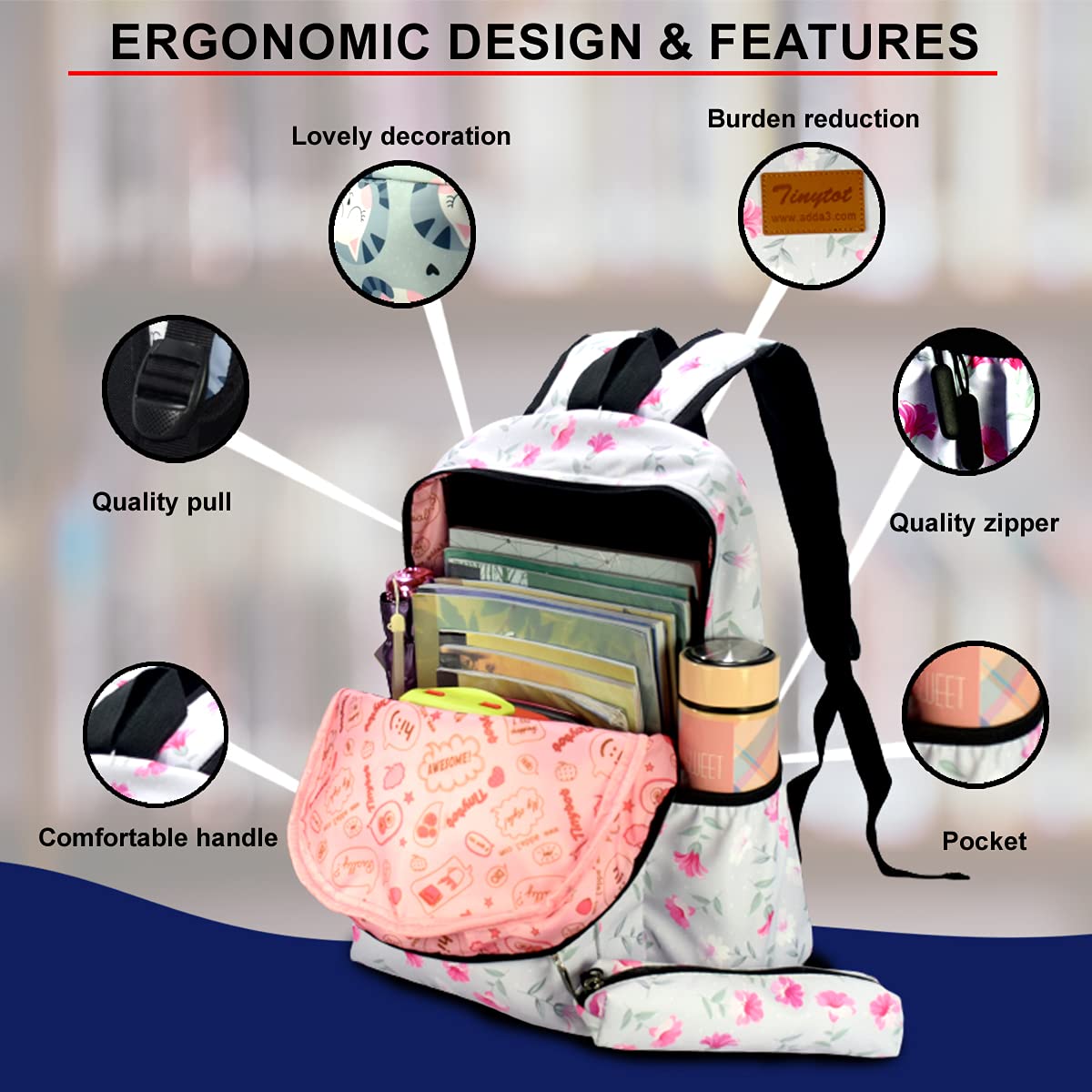 Tinytot 3 Compartments 20 Litre Lightweight Waterproof Backpack Bags For Women - 17 Inch College Bag For Girls With Pencil Pouch,Medium School Bag For Girls 8+ Years,Office & Picnic Bag,Grey