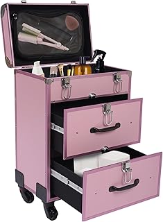 Maletín de maquillaje con 2 cajones, con ruedas giratorias de 360°, para viajes, maquillaje de uñas, color rosa mate, Rosa., moderno