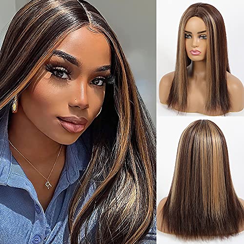 TINY LANA Brown Wigs Middle Part Long Straight Women's Wigs 24 Inch Highlight Brown Hair Wigs for Women Heat-Friendly Synthetic Wig
