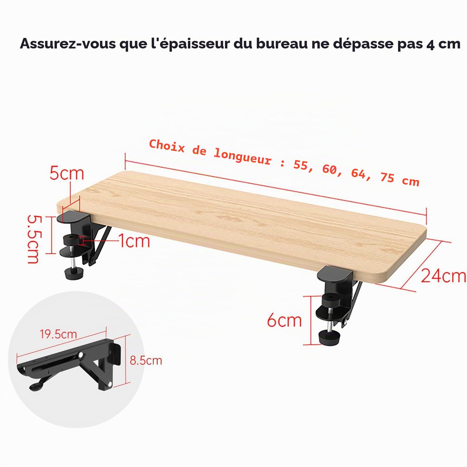 OUGIC Plateau d'extension de bureau ergonomique de 55 x 24 cm, pince anti-perforation, plateau pliable pour clavier, repose-poignet d'ordinateur, support de coude pour