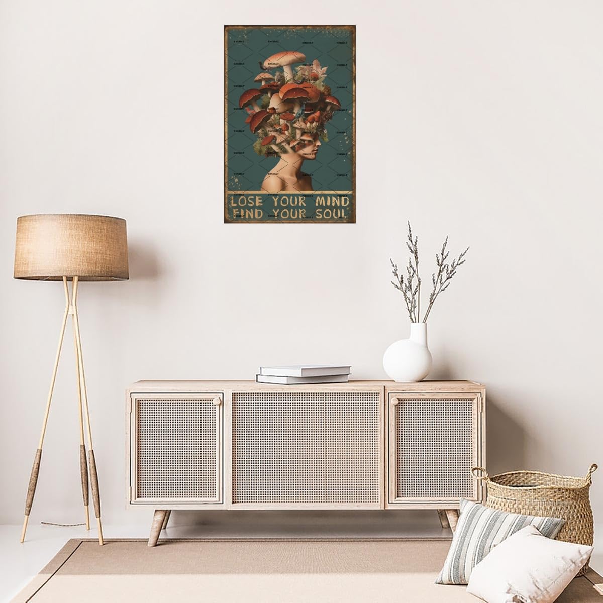 Targa Metallica Vintage Con Scritta ‘Lose Your Mind Find Your Soul’ E Funghi – 20x30 Cm