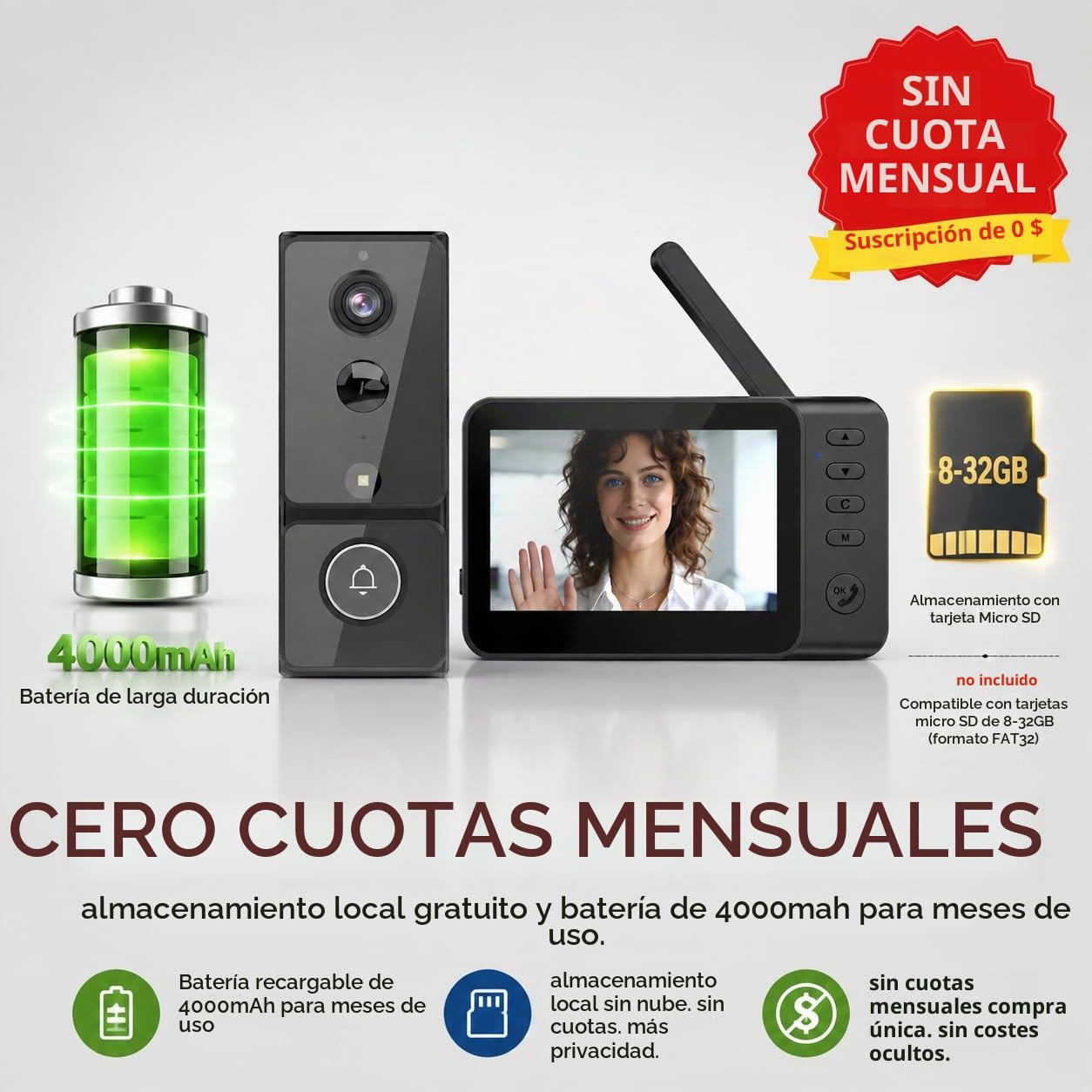 TKMARS Timbre Inalámbrico con Cámara y 4.3" Pantalla, 1080P Videoportero Exterior Impermeable, 170° Gran Angular, Detección de PIR, Activación Activa, Visión Nocturna, Video Doorbell para el Hogar