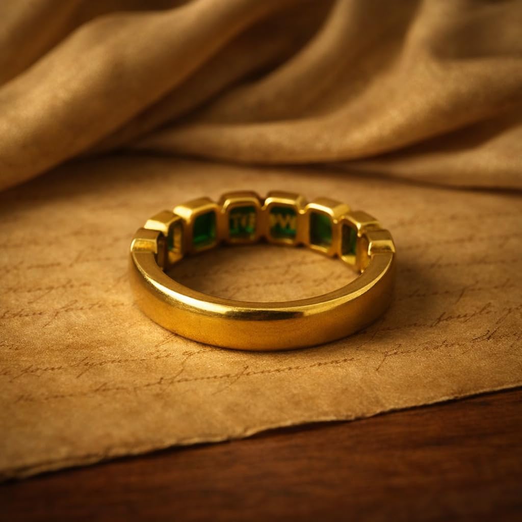 14K Yellow Gold Emerald Cut Green Gemstone Half Eternity Ring Bezel Set Stackable Wedding Band Vintage Inspired Anniversary handmade Promise Jewelry Gift for Women