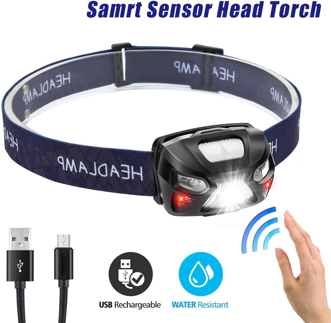 Trongle Running Head Torch LED Super Bright - Rechargeable DIY Head lamp With 8 Induction Modes, Waterproof, Lightweight, Headlight, Camping, Fishing, Hiking[USB Cable Included]