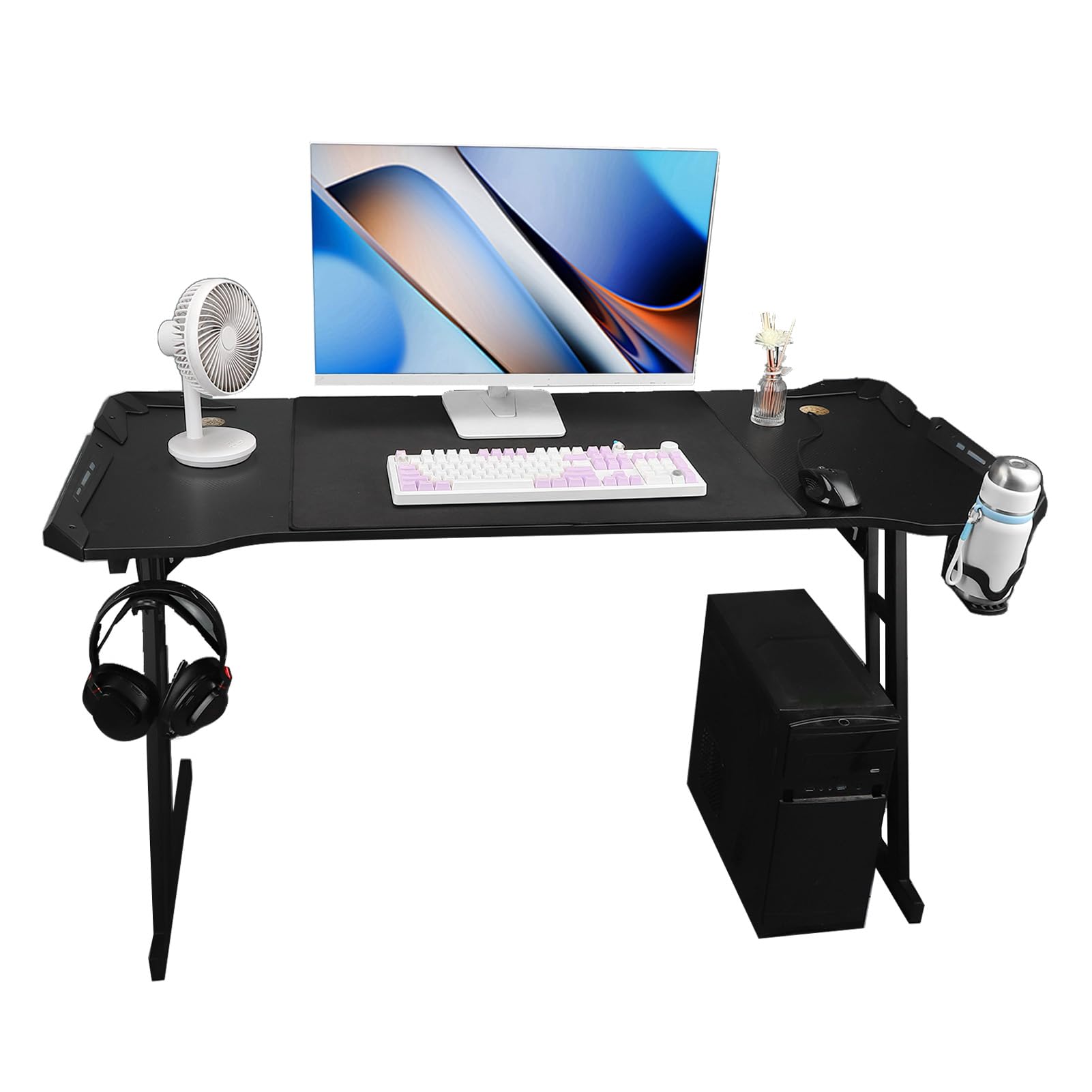 Ejoyous Scrivania da Gioco con Luci a LED Scrivania per PC da Gioco 55,12 X 23,23 Pollici Stazione di Lavoro per Computer con Gambe in Acciaio con Tappetino per Mouse Portabicchieri per Giocatori di