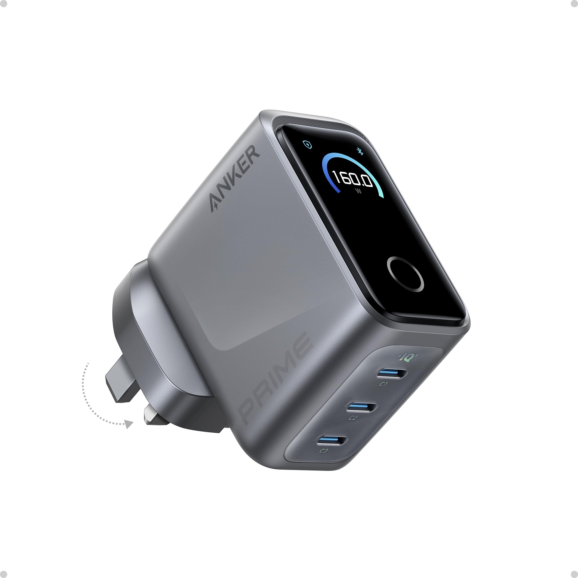 Anker Prime Charger,160W 3-Port Compact GaN USB C Charger Block,Smart Display and Touch Control,Up to 140W Single‑Port Charging,for MacBook Pro,Laptop,iPhone 17 Series(Cable Not Included,Non-Battery)