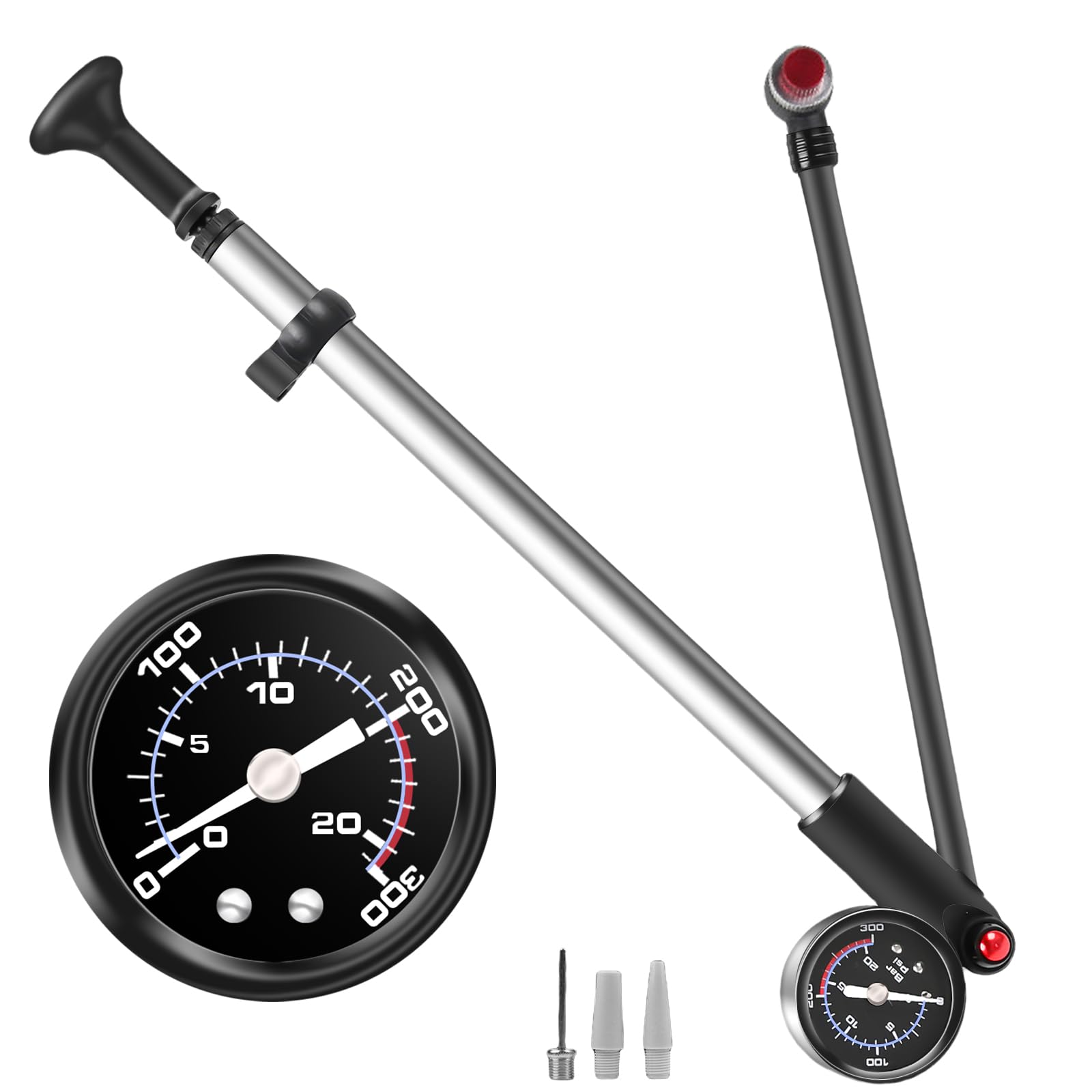 Pompa ammortizzatore ad alta pressione (Max 300 PSI) ad alta pressione con manometro e pulsante di sfiato, pompa a forchetta 2 in 1, mini pompa ammortizzatore per MTB, forcella per bici da corsa