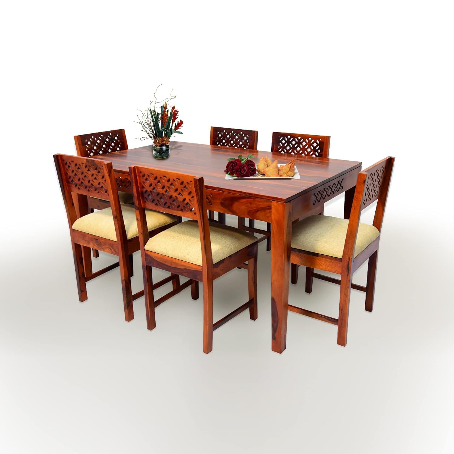 Sheesham Wood CNC 6 Seater Dining Table Sets for Dinner Room | Solid Wood Dining Table with 6 Cushion Chairs | Dining Room Sets Furniture for Hotels & Restaurant (Honey Finish)-image-49