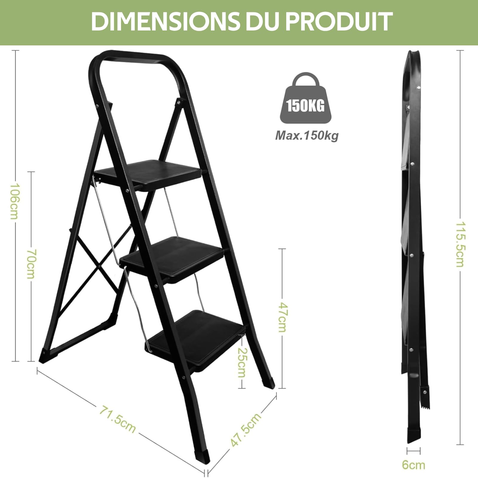Échelle Pliable 3 Marches Escabeau Pliante Antidérapante, Noir | Capacité Max 150kg, Acier Robuste, Intérieur Extérieur, Escabeaux 3-Level