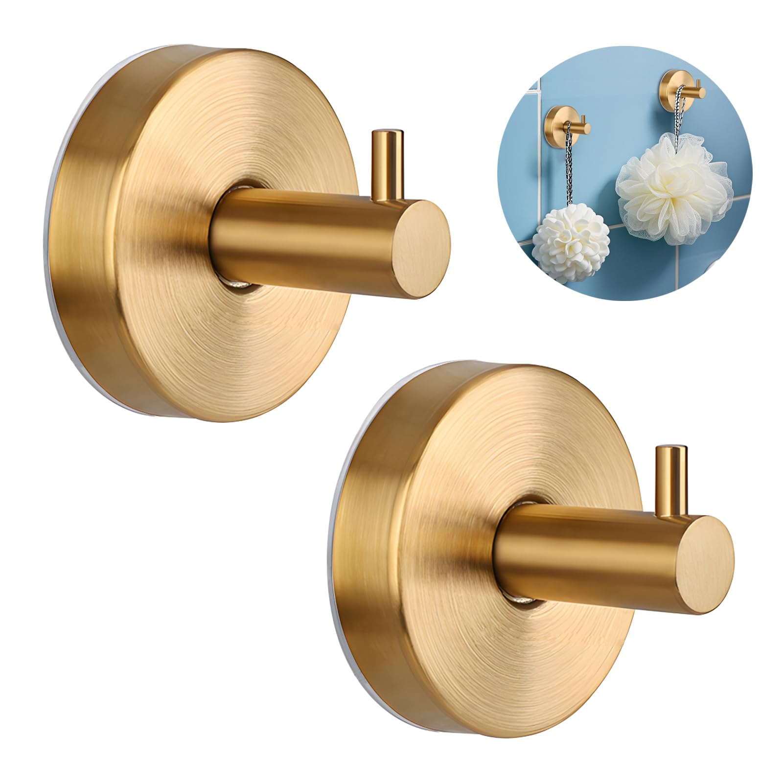 VEINARDYL 2 Pcs Suction Shower Hooks, Stainless Steel Gold Suction Cup Hook, Removable Shower Holder Towel Rack for Bathroom, Kitchen Glass Door Wall for 15 Lb Heavy Duty Clothes - Gold — image 1