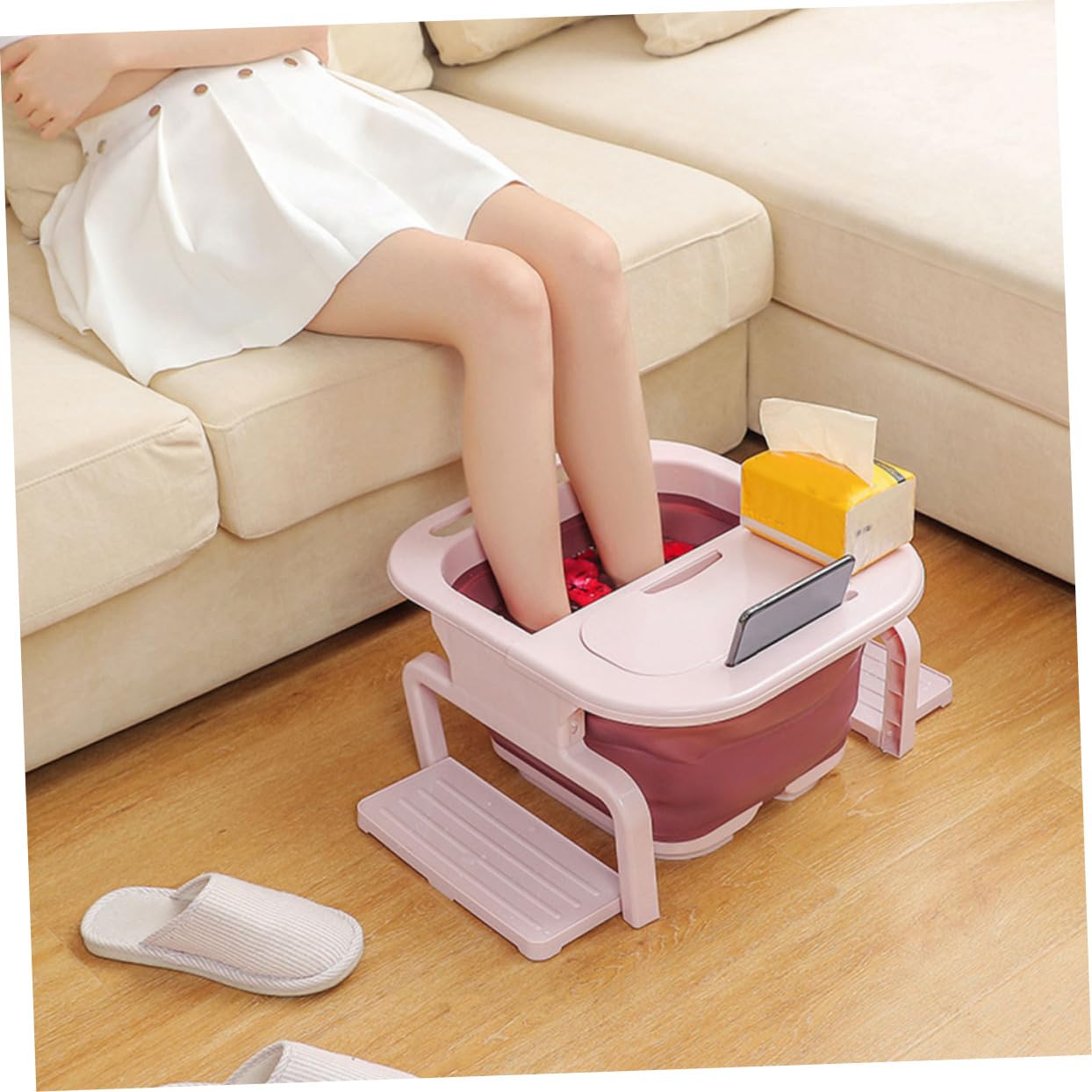 Lavabo para Pies Plegable Grande con Rodillos de Masaje, Rosa Pp
