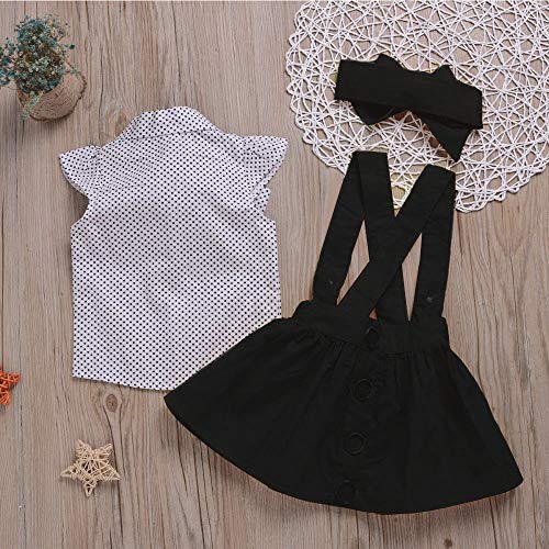 Astanfy Toddler Baby Girl Dress Sets Polka Dot Ruffle Sleeve Bow Tee Shirt + Yellow Suspender Skirt + Headband Outfits Set (Black, 2-3T) #TOP2