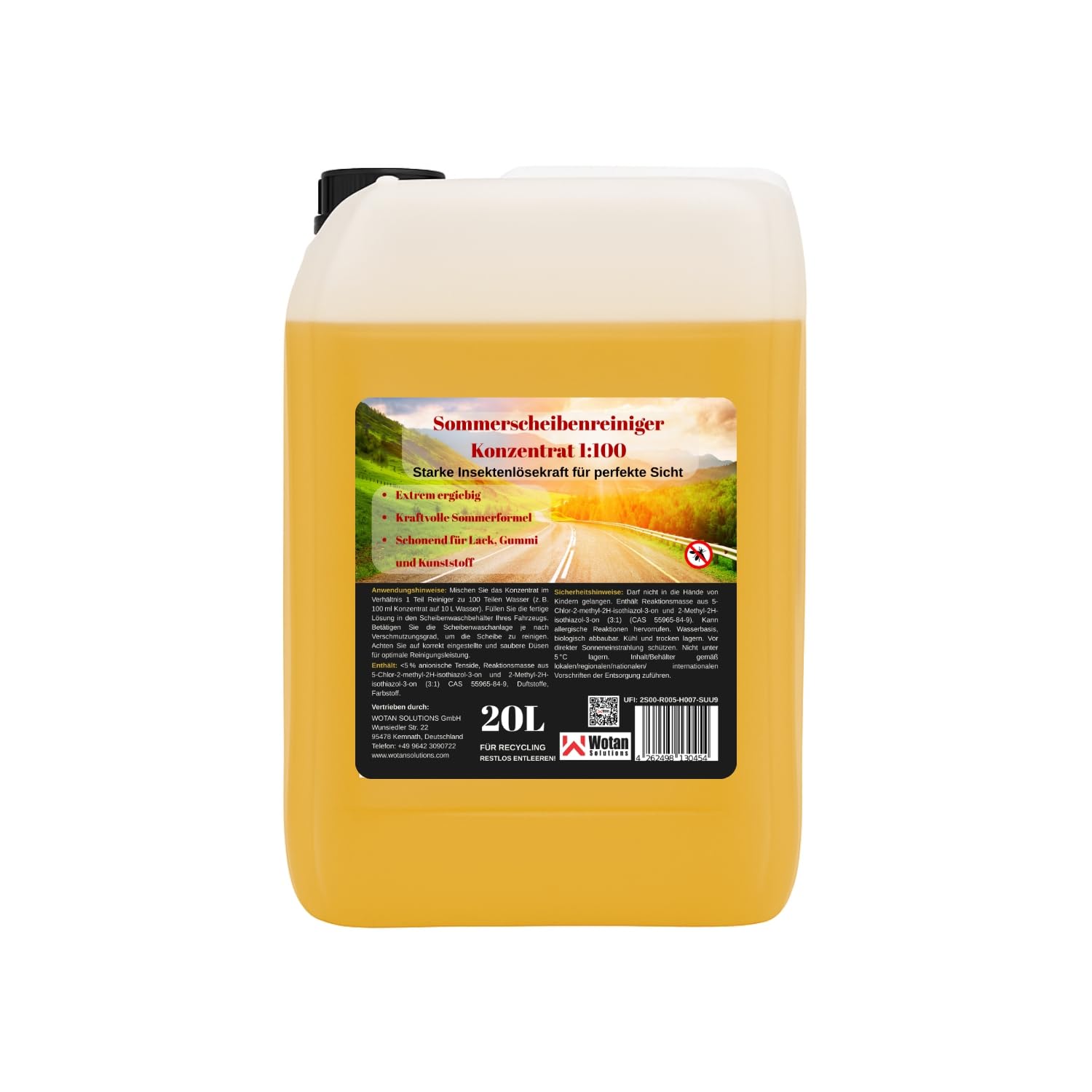 Wotan's 20L Scheibenreiniger 1:100 Konzentrat Sommer Insektenlöser Streifenfrei Premiumqualität aus Deutschland Polycarbonatverträglich und Fächerdüsengeeignet