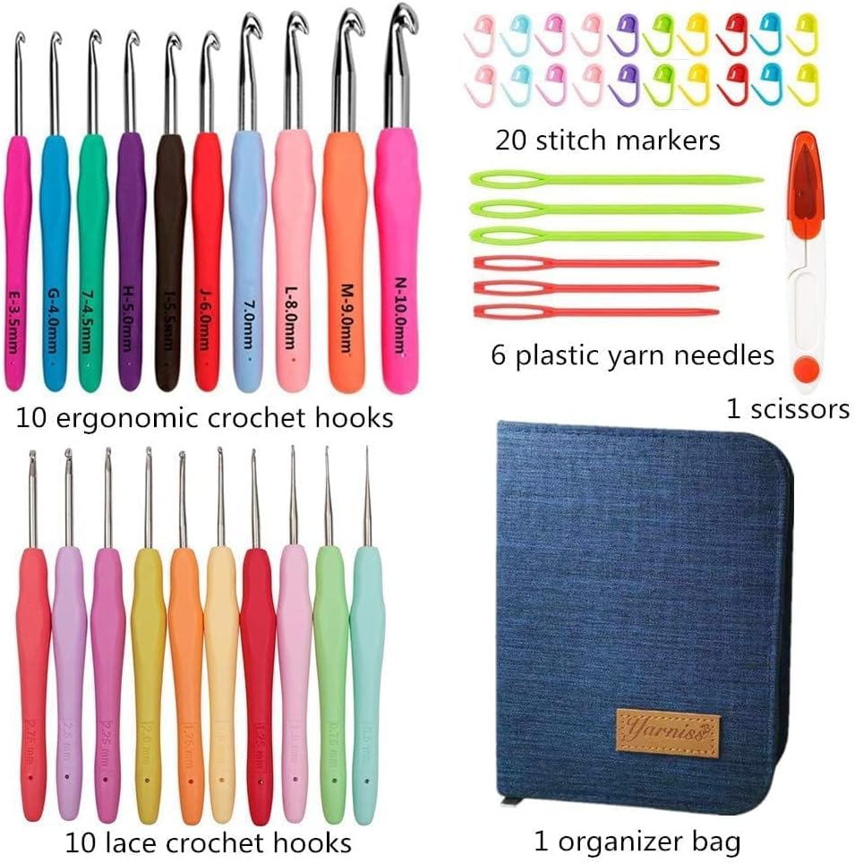 Yarniss 20 Sizes Crochet Hooks Complete Set,0.5mm-10mm, Multicolor, Large, Ergonomic Crochet Hooks with Case for Arthritic Hands