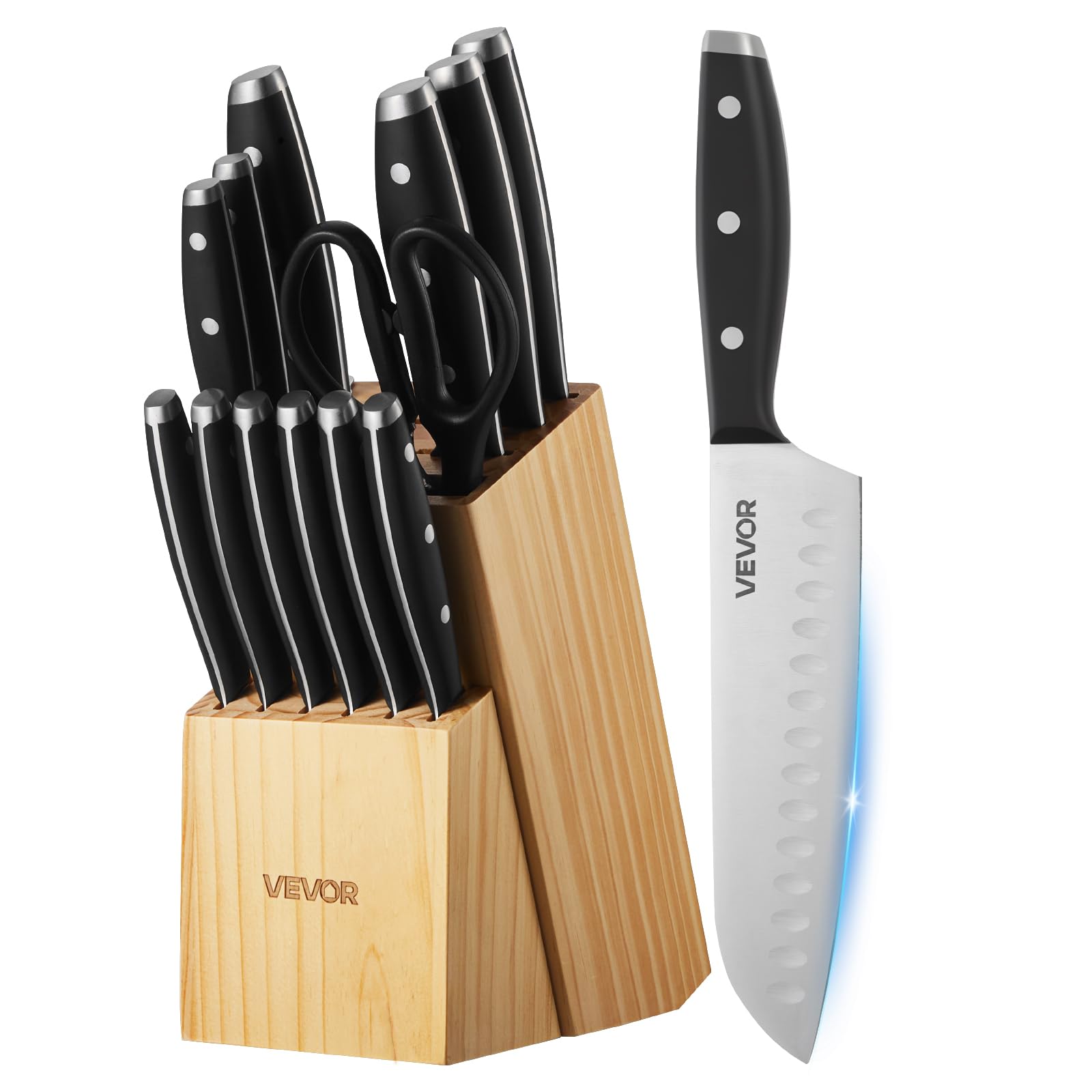 VEVOR Set Couteaux Cuisine avec Bloc et Aiguiseur 15PCs, Bloc de Couteaux Tranchants en Inox à Haute Teneur en Carbone, Coutellerie de Cuisine avec Manche Ergonomique, pour Cuisinier Amateurs