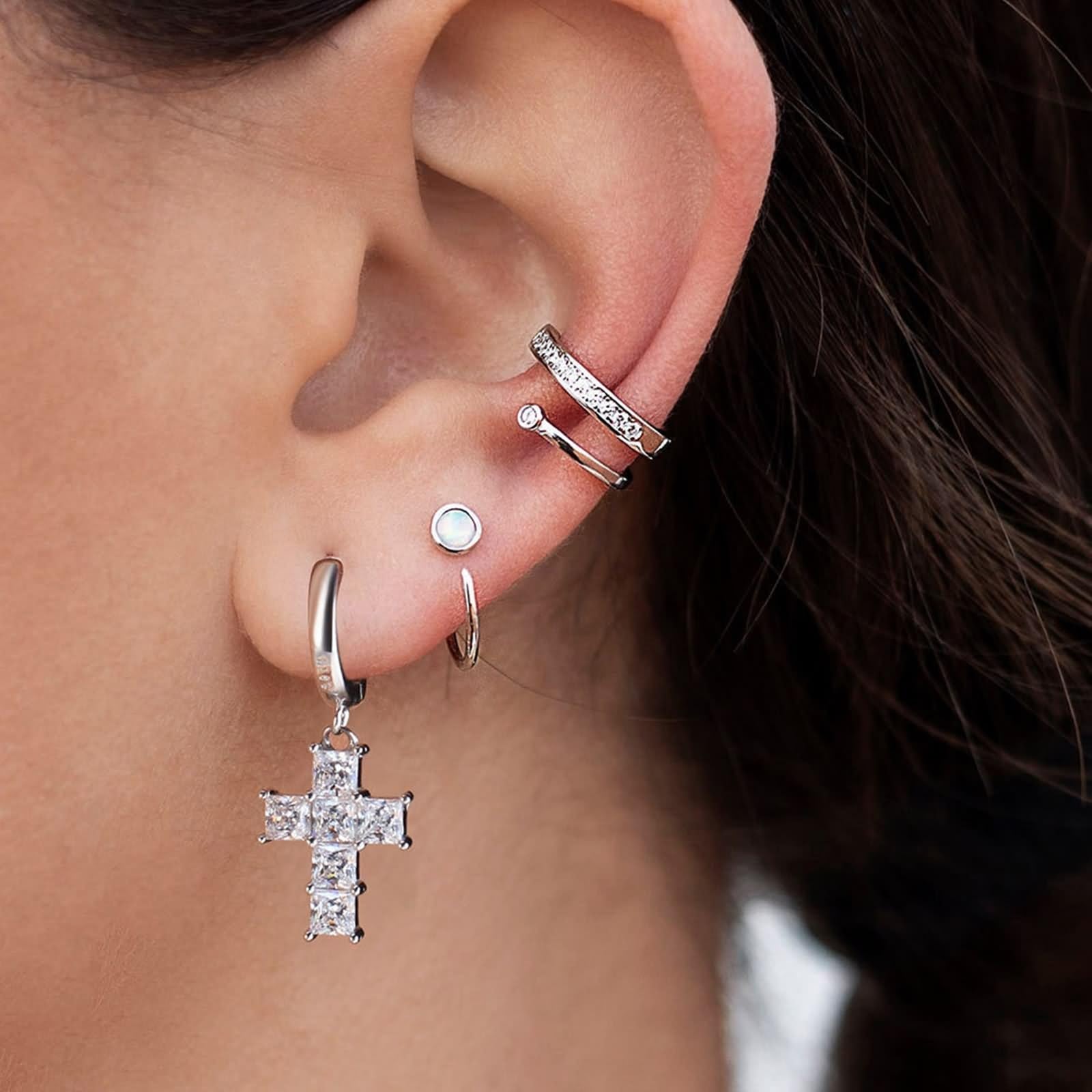 Pendientes de moda de plata, pendientes colgantes para mujer, aro con circonita cúbica cuadrada, cruz de plata de ley