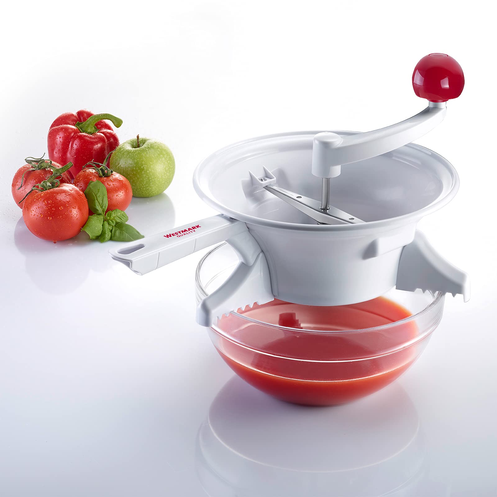 Westmark Einkoch-Set, 1 Passiermaschine/Passe-vite mit 2 Lochscheiben + 1 Einmach-/Marmeladen-Trichter, ABS/PP/Rostfreier Edelstahl, Weiß/Rot, 119622E6