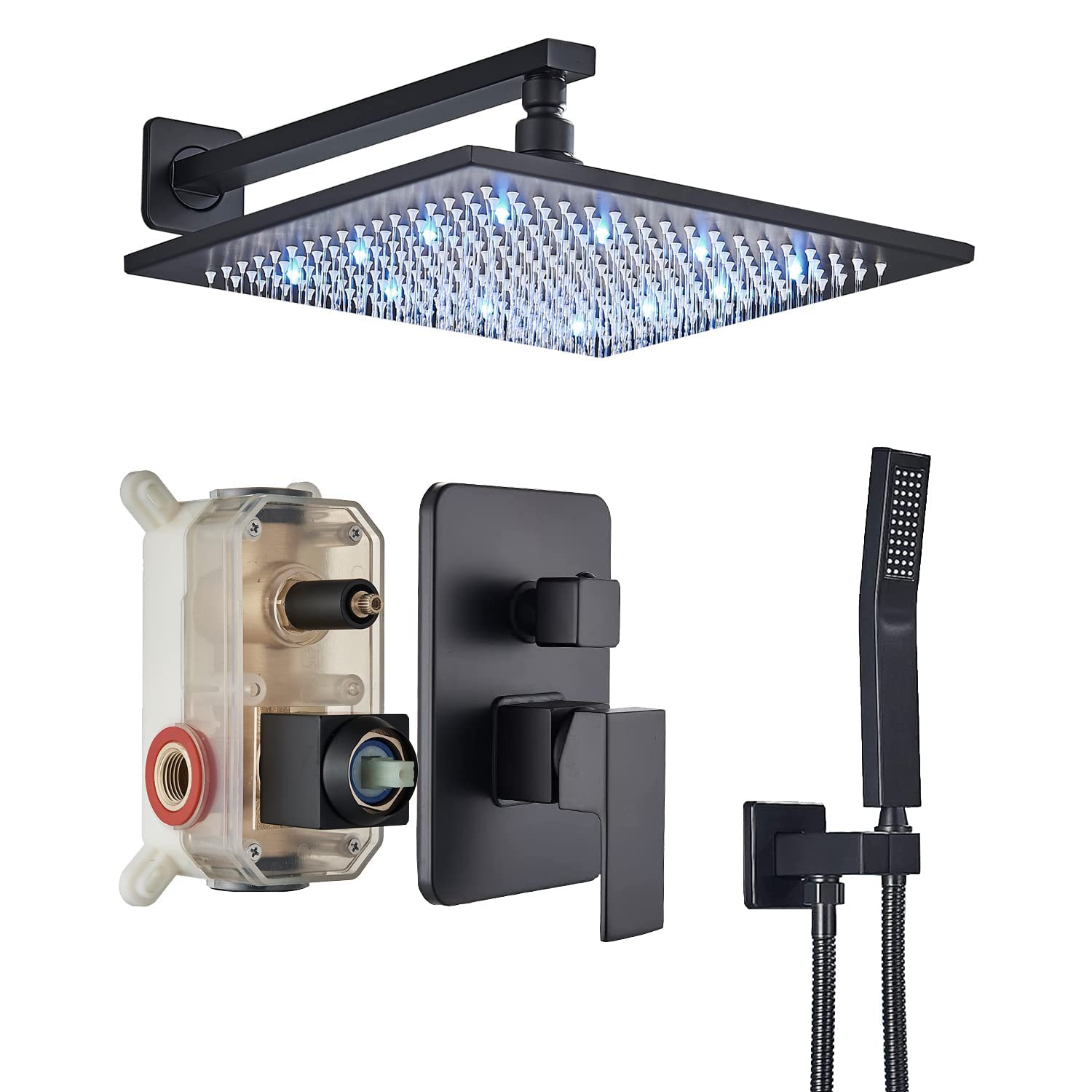 Saeuwtowy 12 inches LED Rainfall Shower Head with Brass Handheld Rain Shower System Shower Faucets Sets Complete or Bathroom Rough-in Valve Body and Trim Included Matte Black