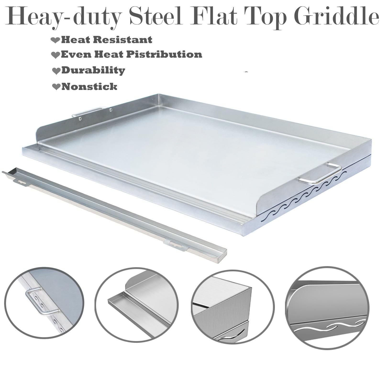 Plancha de cocina de acero inoxidable, inserto de placa superior plana con ranura para grasa y 2 asas extraíbles para parrillas de gas/carbón, portón trasero, campamento y fiestas, 23 x 16 pulgadas 3