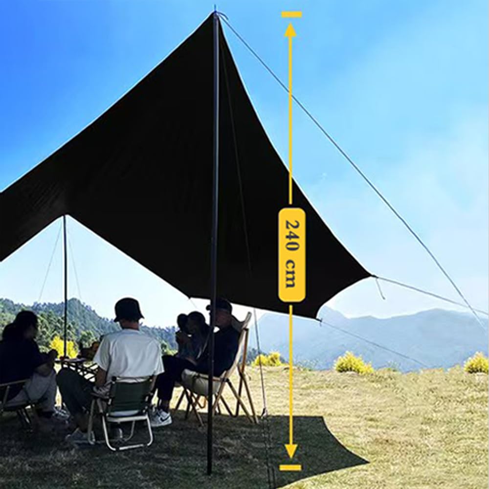Bâche de Camping 5x5 m avec Mâts Toile de Pluie Imperméable pour Hamac Auvent de Camping Abri Solaire (Noir)