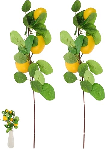 Miniatura 2 de 2 piezas de ramas de limón artificiales de color amarillo vívido, simulación de fruta falsa de limonero para decoración de centro de mesa del hogar
