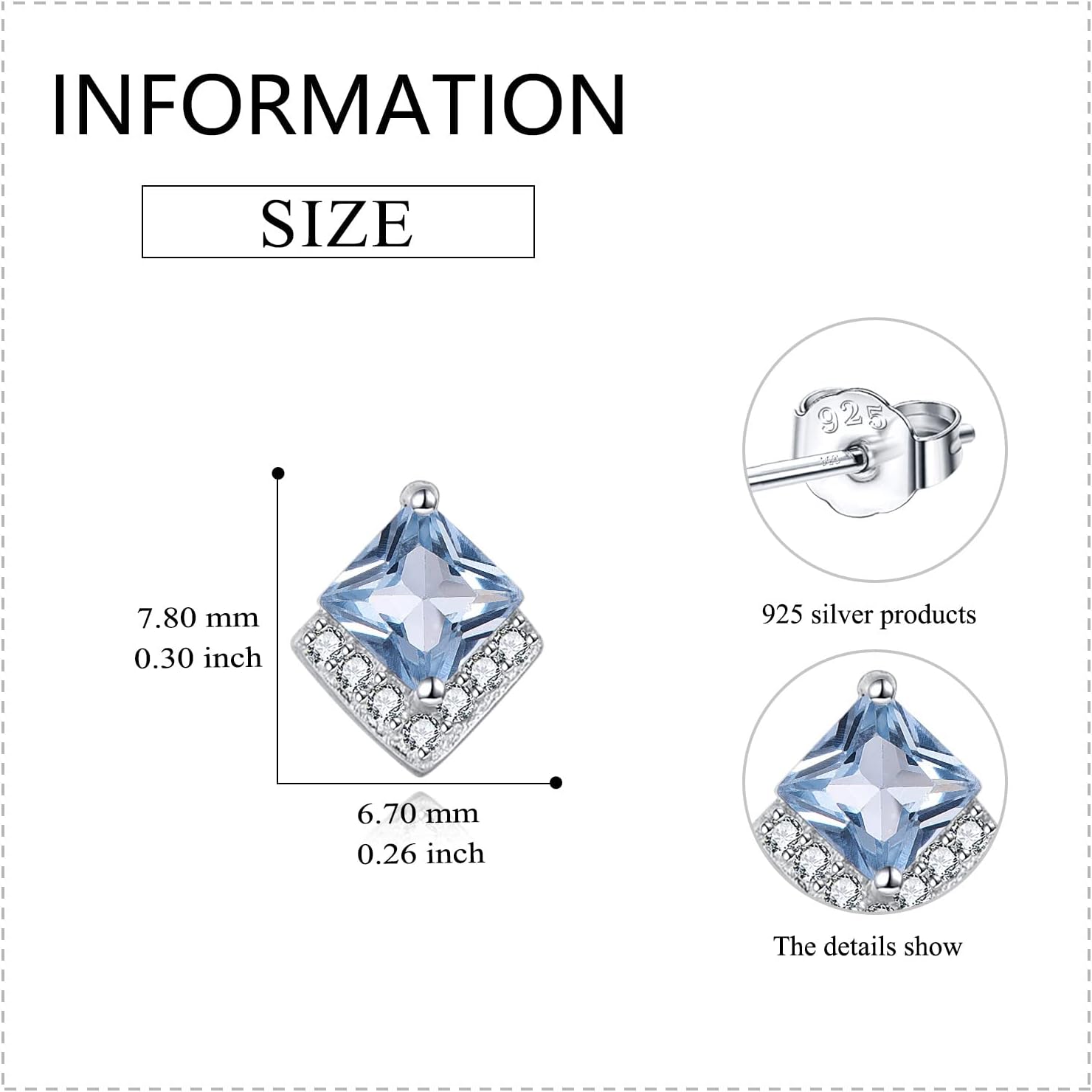 Birthstone Stud Earrings Sterling Silver Square Created Crystal Earrings Cubic Zirconia Hypoallergenic Piercing Jewelry Small Gifts for Women Mothers