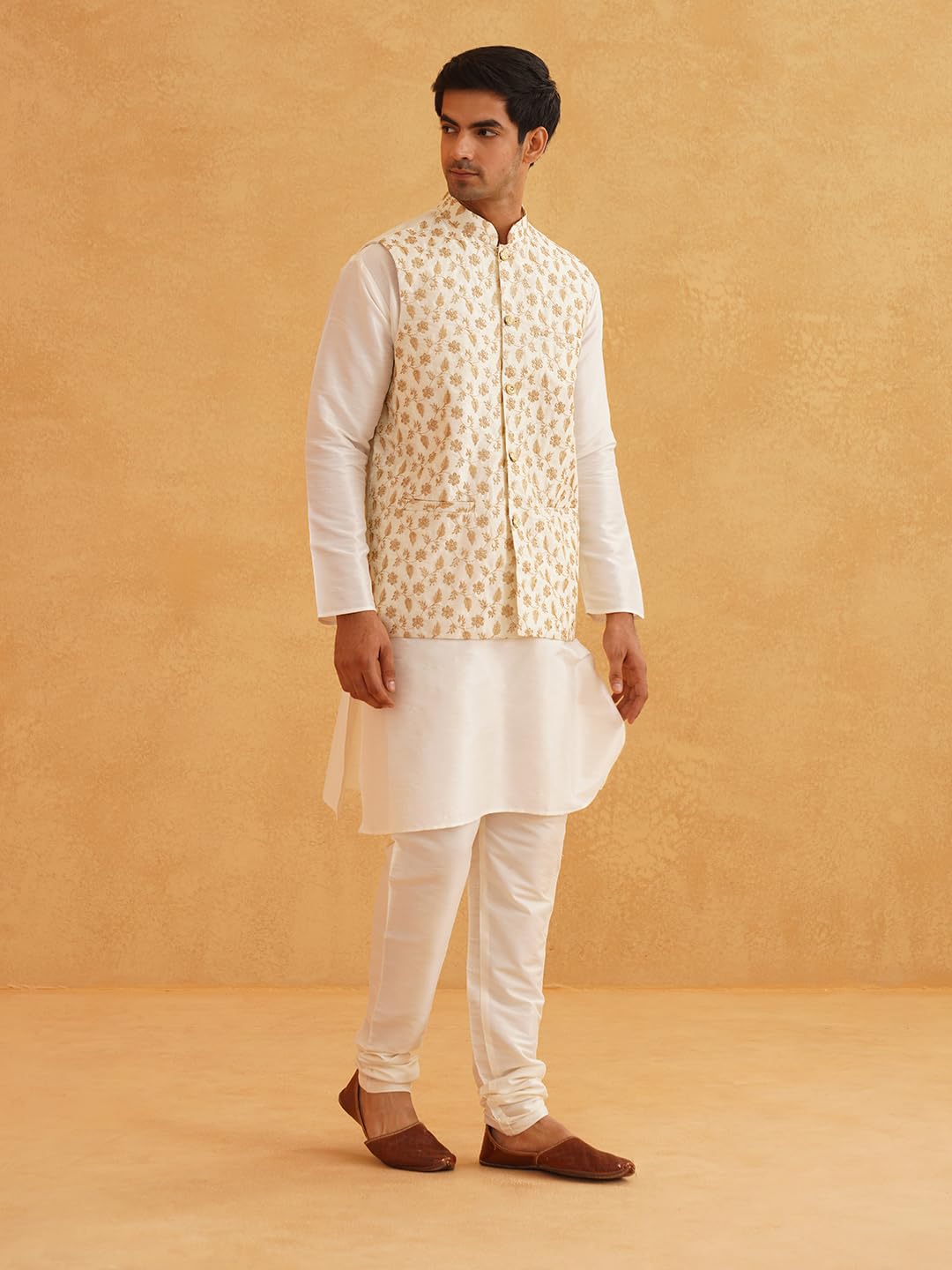 Sojanya (Since 1958 Men's Silk Blend Cream Kurta Pyjama With Embroidered Cream Nehru Jacket