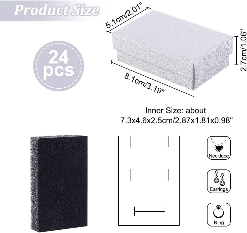 NBEADS 24 Pcs White Texture Cardboard Jewelry Boxes, 3.2x2" Paper Gift Box Cardboard Packaging Box with Black Sponge Inside for Necklaces Earrings Ring Pendants Bracelet Gift Jewelry Display