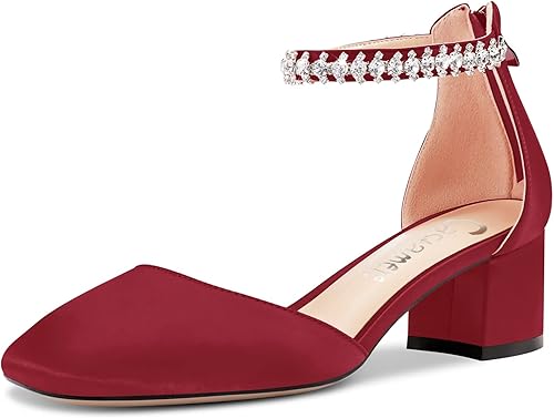 Castamere Zapatos de tacón medio con punta cuadrada para mujer, con correa al tobillo, cristal de diamante, para boda, fiesta, sexy, de 2.0 pulgadas