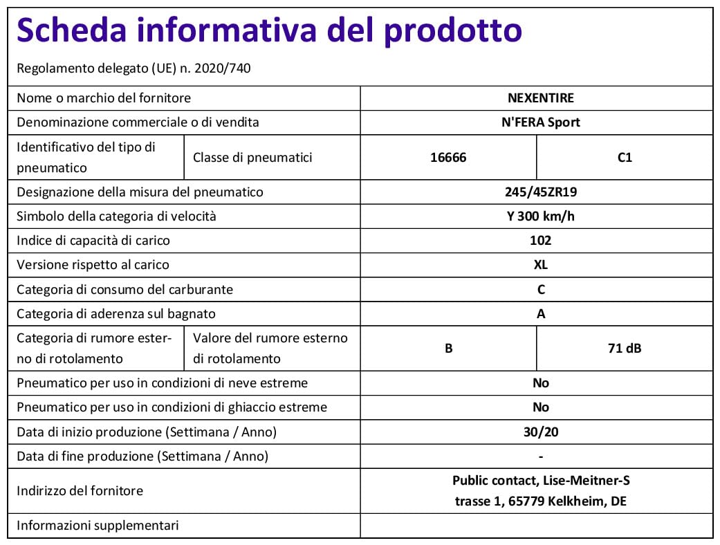 Pneumatico Estivo Nexen N'Fera SU1 XL - 245/45R19 102Y, Efficienza C, Bagnato B, Rumore 72dB - Foto 3