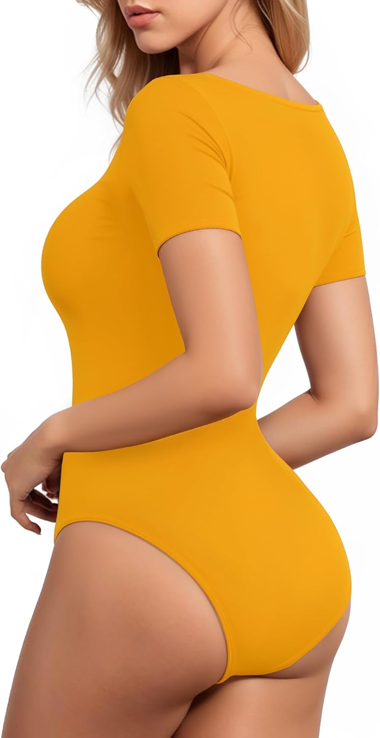 MANGOPOP Women's Square Neck Short Sleeve Long Sleeve Bodysuit Sexy Body Suits Shirt Slim Fitted Tops - Image 3