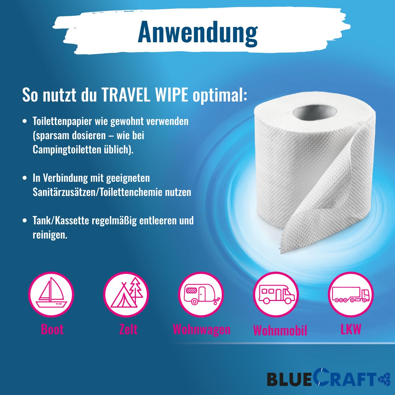 Bluecraft Lot de 12 rouleaux de papier toilette auto-dissolvant, pour camping, camping-car, caravane, bateau - 2 couches - Pour toilettes de camping, toilettes chimiques - Sans obstruction et à