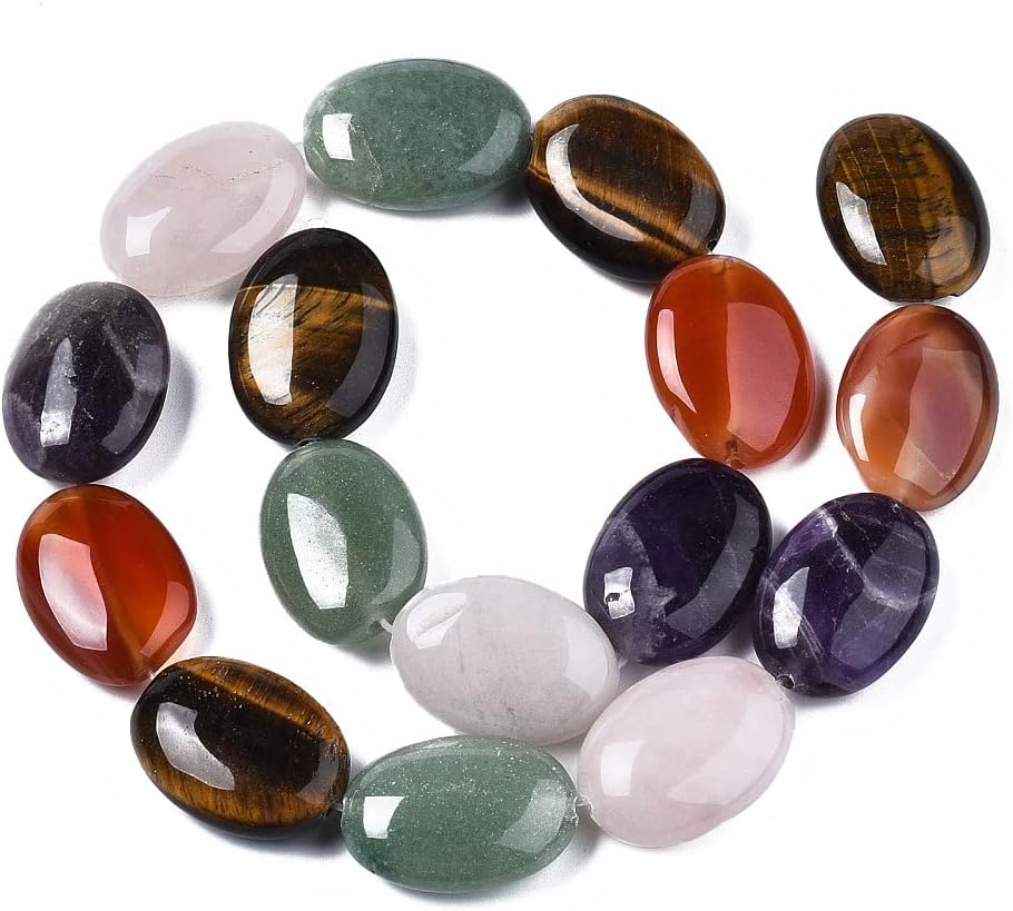 Fashewelry 16 PCS Natural Stone Bead Mixed Oval Shape Include Natural Green Aventurine & Rose Quartz & Red Agate & Tiger Eye & Amethyst Beads for Bracelet Necklace Jewelry Making 1.2mm Hole - Image 2