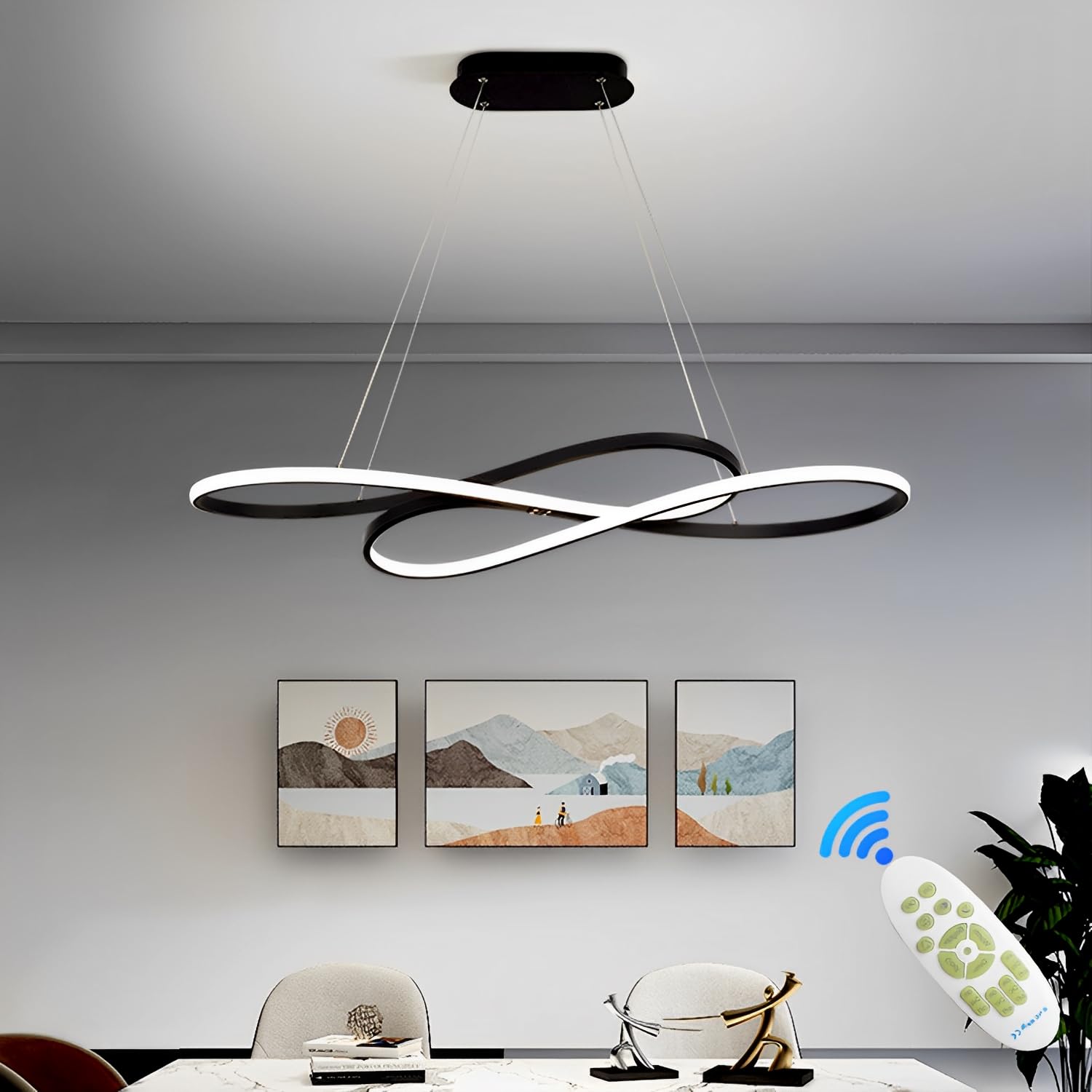 57W LED Pendelleuchte, Doppelfigur 8 Design, Schwarz | Dimmbare Hängelampe mit Fernbedienung, Pendellampe Hängend Höhenverstellbar, Hängeleuchte für Esstisch, Esszimmer und Küche